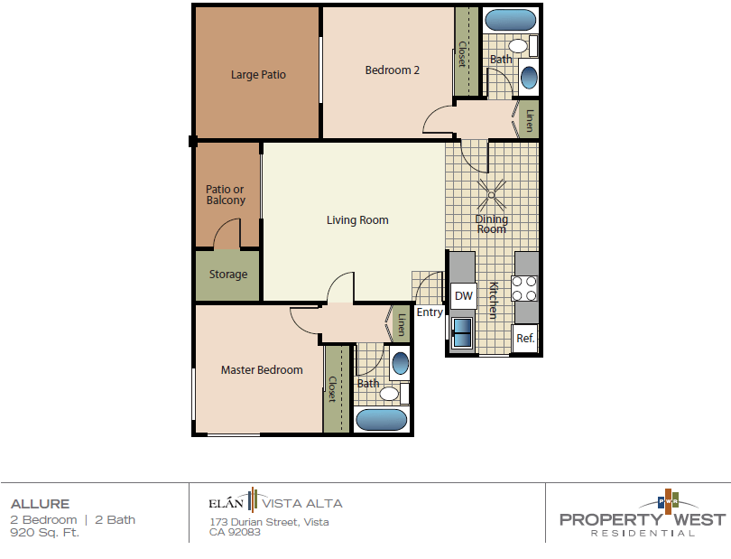 Two bedrooms two bathrooms apartment floorplan